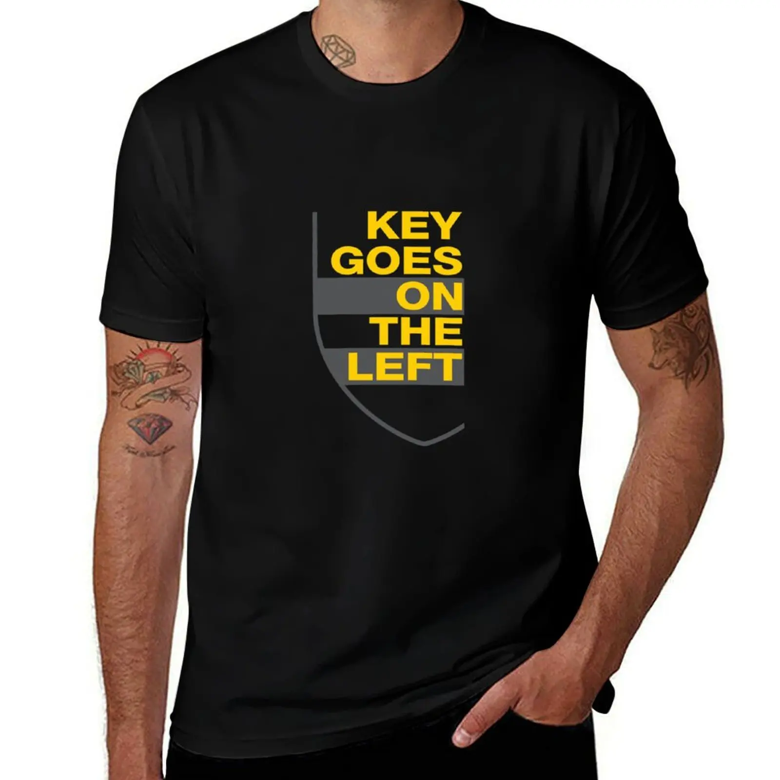 

Key Goes On The Left - YellowGray T-Shirt oversizeds Funny t-shirt Luxury man anime stuff outfits for men