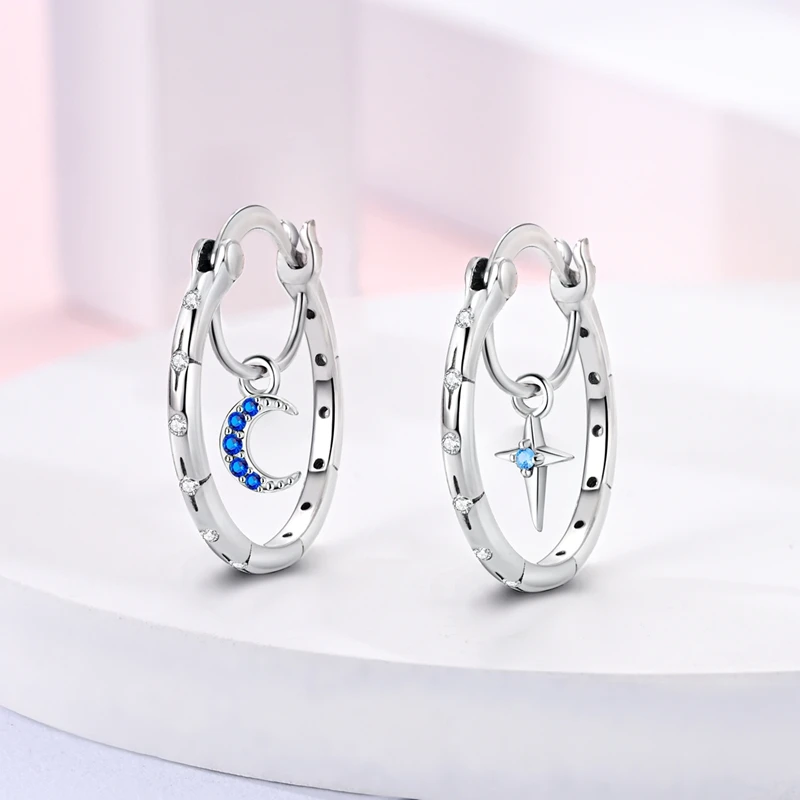 New 925 Sterling Silver Hoop Earrings Star Moon Stud Drop Earrings For Woman Party Wedding Accessories Fashion Jewelry Gift image 3