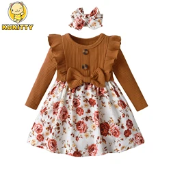 Trend New Spring Autumn Toddler Kids Baby Girls Princess Dress Clothes Patchwork Floral Long Sleeve Dresses Come with Headband