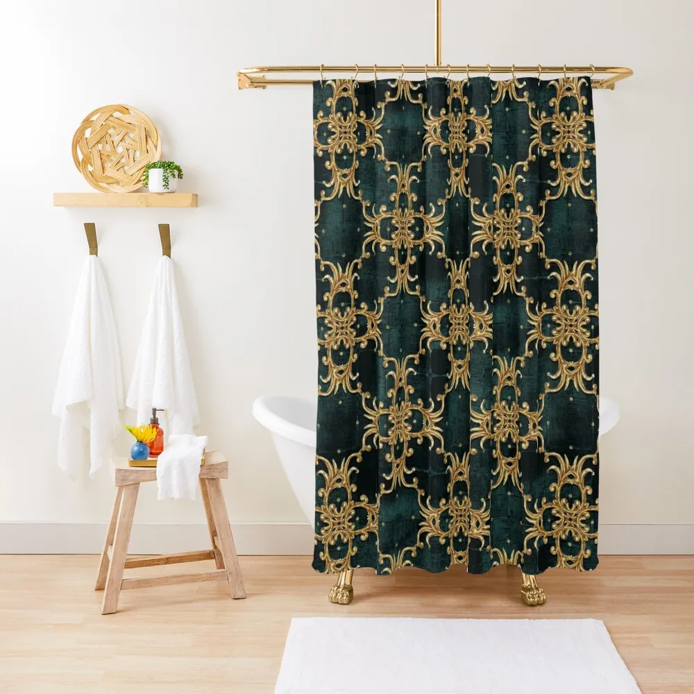 

Flourish Ornamental Damask Velvet Gold Black Green Pattern - Baroque Patterns Shower Curtain