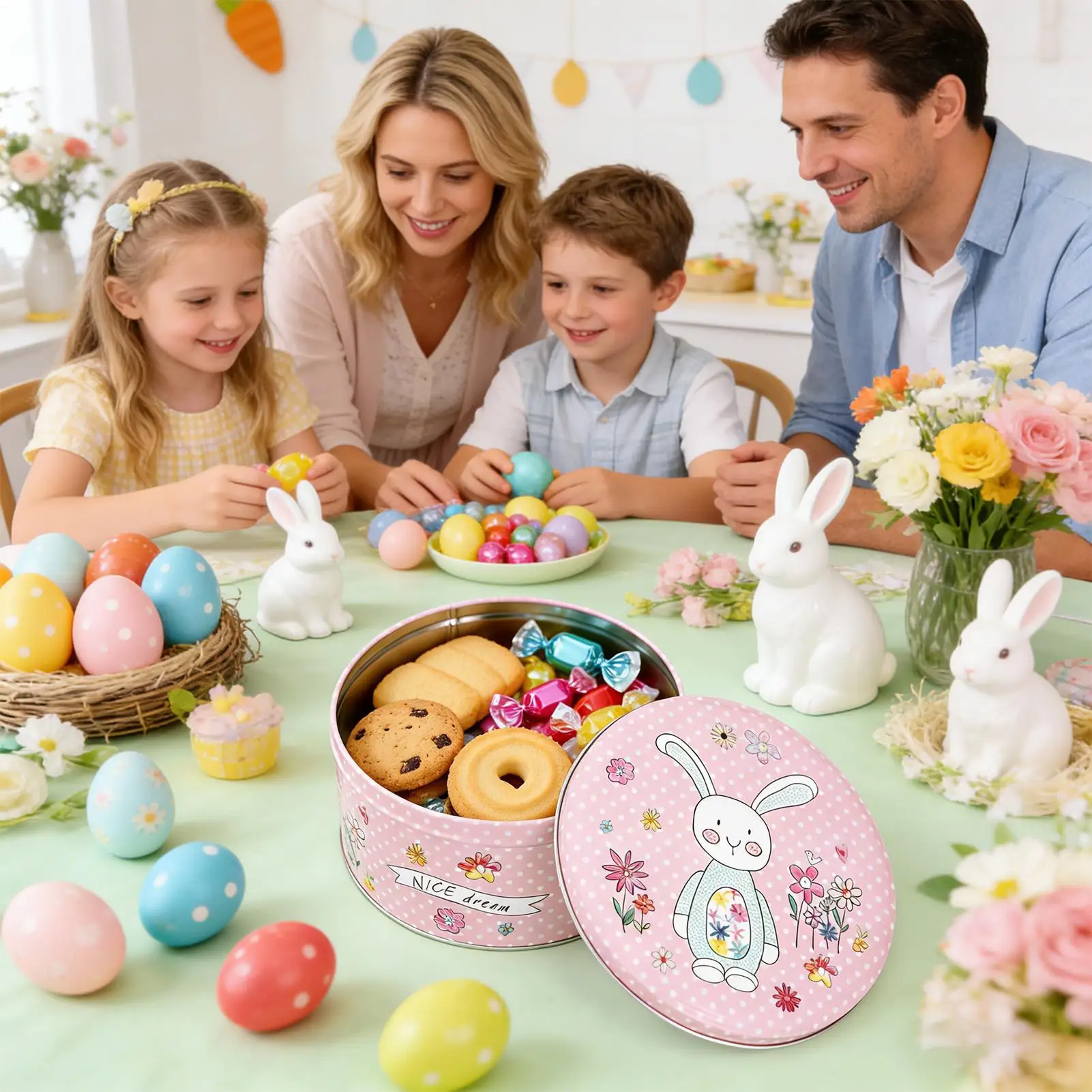 Cookie Tins With Lids Easter Bunny Metal Storage Container Round Biscuits Storage Box For Kids Adults Home Festival Themed Party