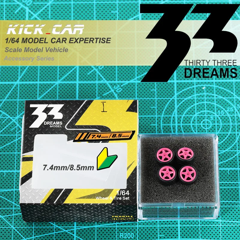 33Dreams 1/64 Wheels With Rubber Tires Pink 8.5mm Diameter for Hot Wheels MiniGT Model Cars Diecast Vehicle Modified Parts