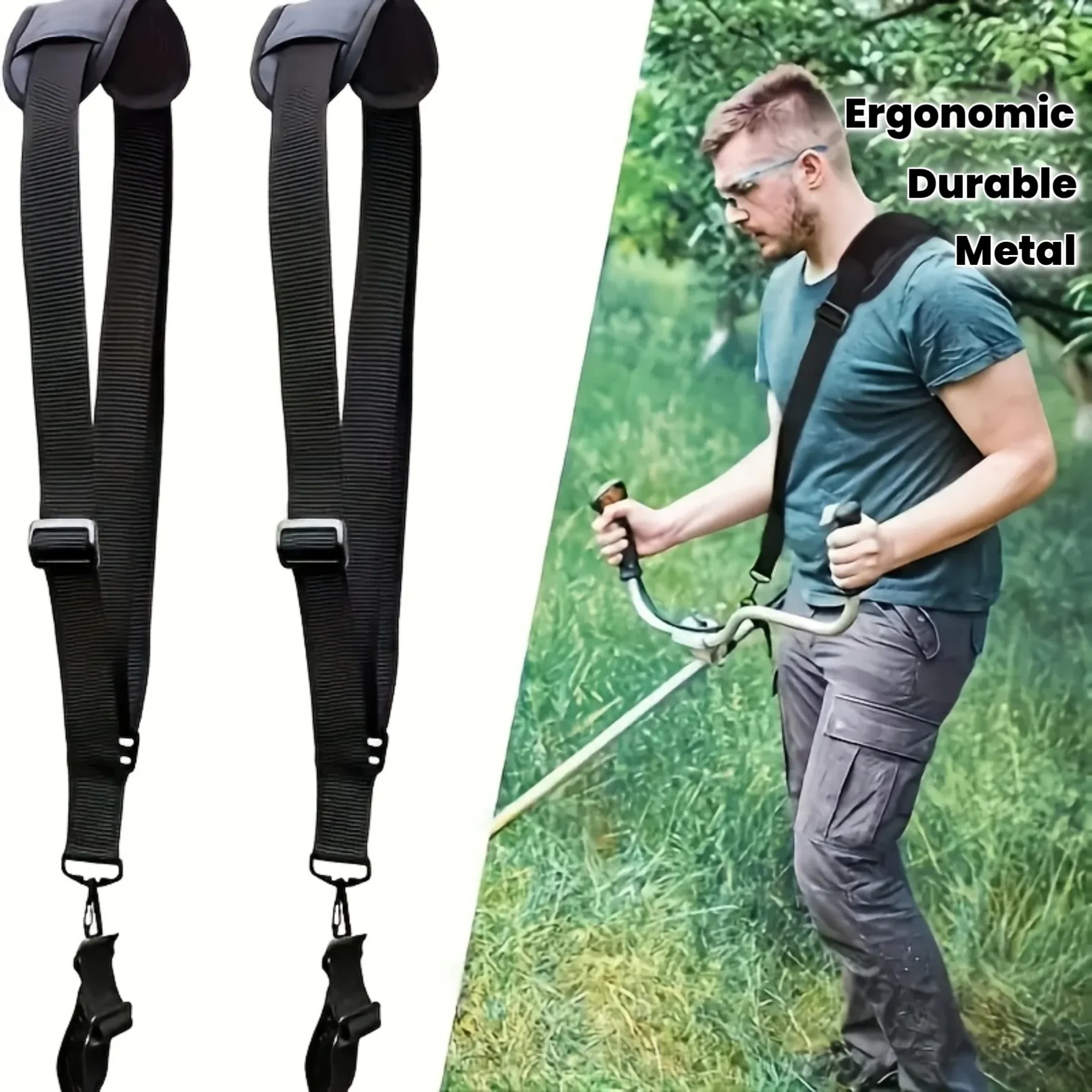 Adjustable lawn mower straps with ergonomic shoulder straps and metal clips - durable fabric back support for a comfortable mowing experience for men and women, lawn mower accessories, comfortable-fitting straps, metal clip connections