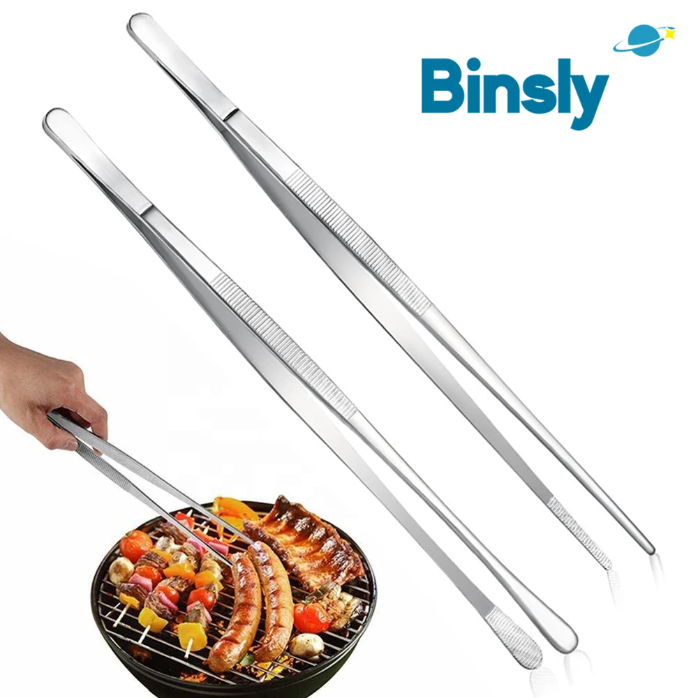 

2 Pack Set 12-Inch Fine Stainless Steel Tweezers Tongs Extra-Long Tweezer Tongs Food Serving Tongs Accessories for BBQ Baking