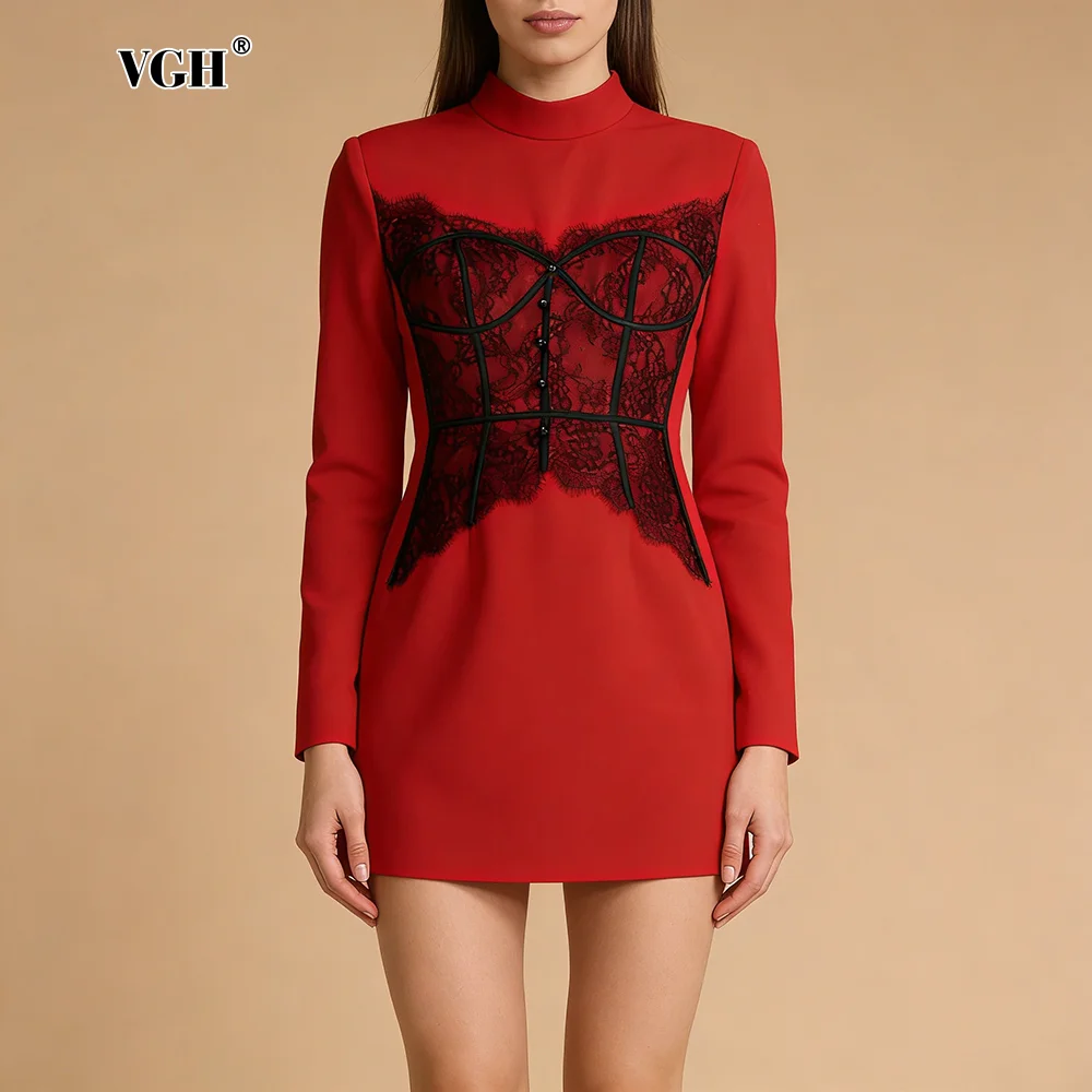 

VGH Elegant Retro Black Lace Accent Mini Dress for Women Stand Collar Slimming Long Sleeve Bodycon Dresses for Stylish Dinner