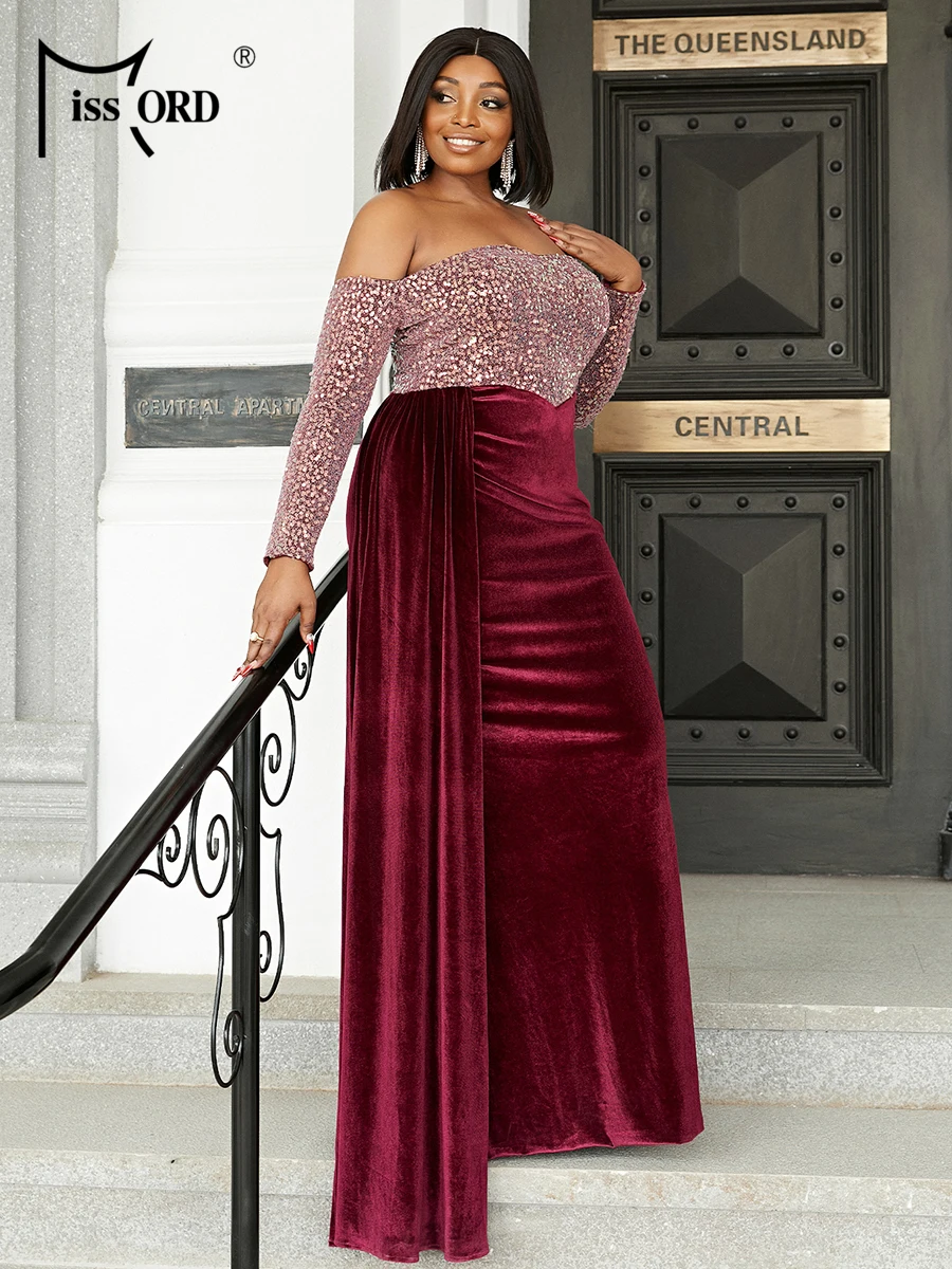 Missord Wine Sequin Velvet Plus Size Party Dress Women Off Shoulder Long Sleeve Draped Bodycon Mermaid Evening Dresses Prom Gown