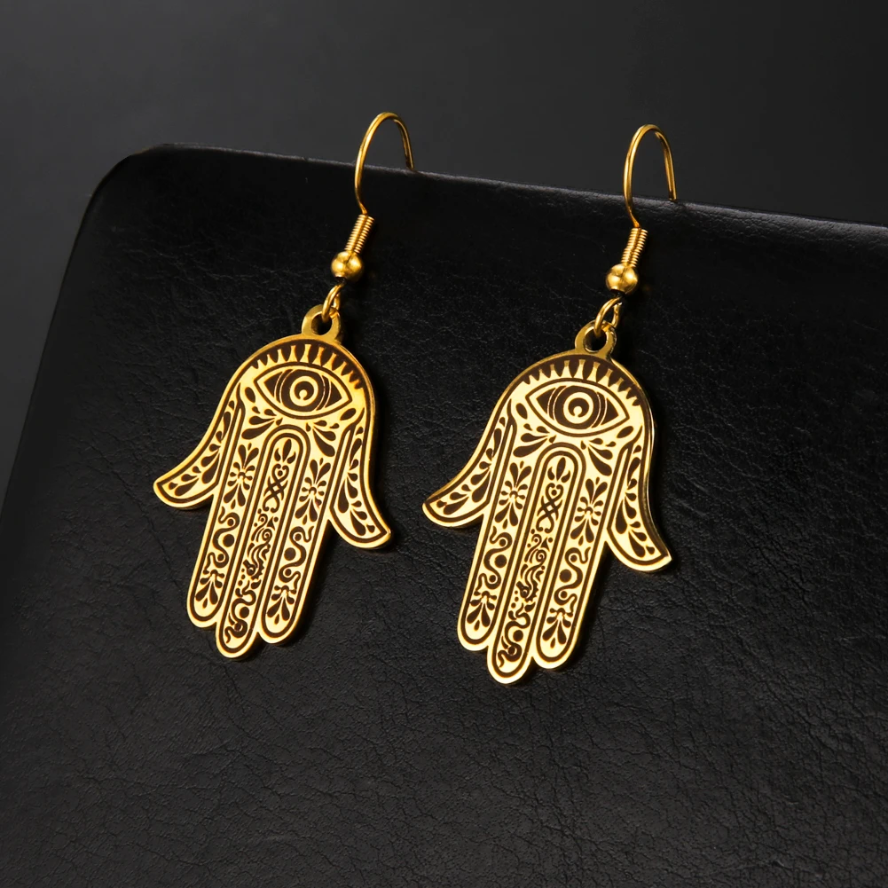 Jeshayuan The Hamsa Hand Earrings For Women Stainless Steel Evil Jealousy Hand Of Fatima Amulet Jewelry