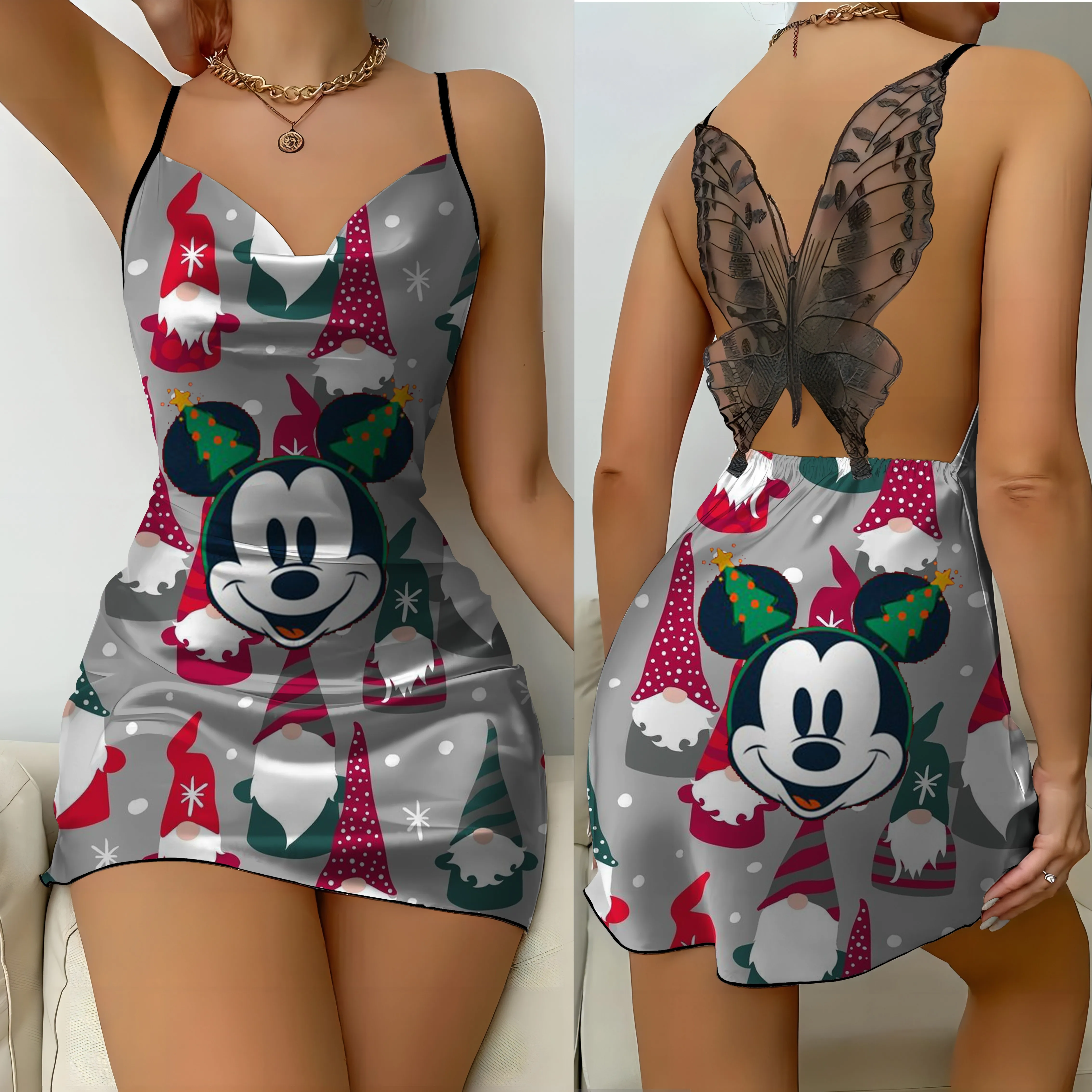 

Party Dresses Backless Dress Bow Knot Satin Surface Christmas Disney Stitch Pajama Skirt Womens Mini Sexy Lace Slip Dress Disney