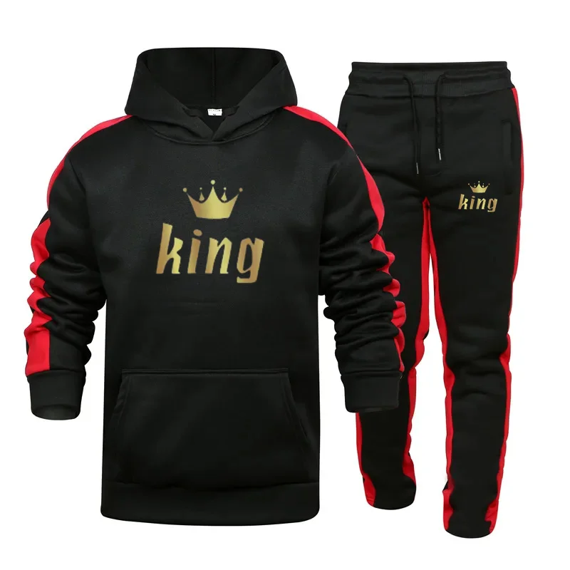 Queen and King Couple Striped Set High Quality Autumn and Winter Outdoor Sports Hoodie + Sweatpants 2-piece Set