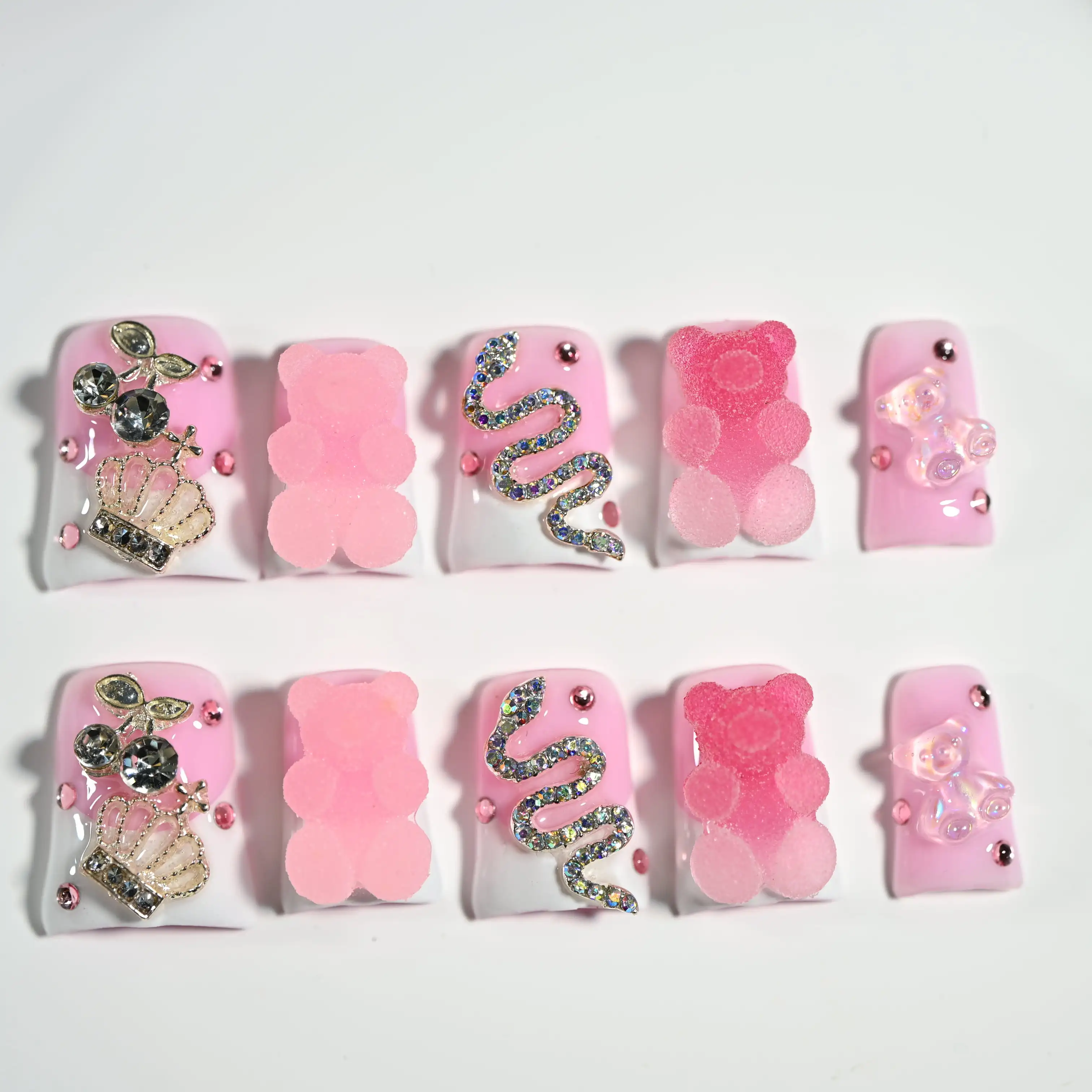 

Handmade Glow In The Dark Bear Press On Nails Pink Snake Print Decor Sweet Edgy Eye-Catching Reusable Nails