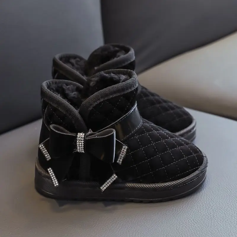 2026 New Girls Sweet Leather Snow Boots Waterproof Slip Resistant Fleece Lined Winter Kids Footwear