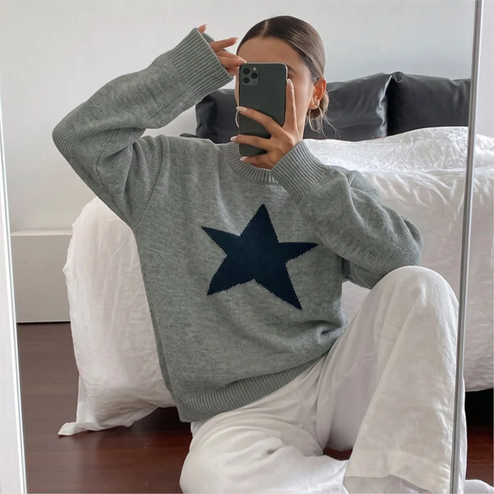 MsChuh All-match Loose Simple Style Sweater Winter Clothes Woman Pulls Femmes Daily Commuting Lazy Five-pointed Star Solid Color 2