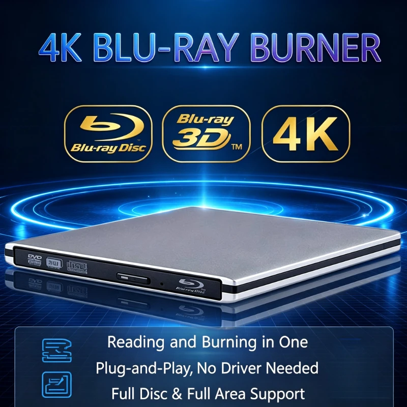 Ultra-Slim Aluminium Alloy External Optical Drive 4K Blu-Ray Burning USB 3.0 DVD Play 3D Blu-Ray R/W CD/DVD Burner for Laptop