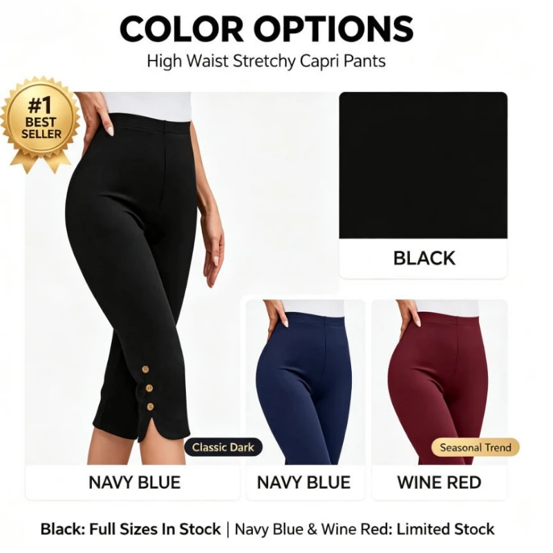 XXXL Size Women High Waist Stretchy Capri Pants Button Split Hem Flared Mid-Calf Cropped Trousers Elastic Casual Work Base Layer