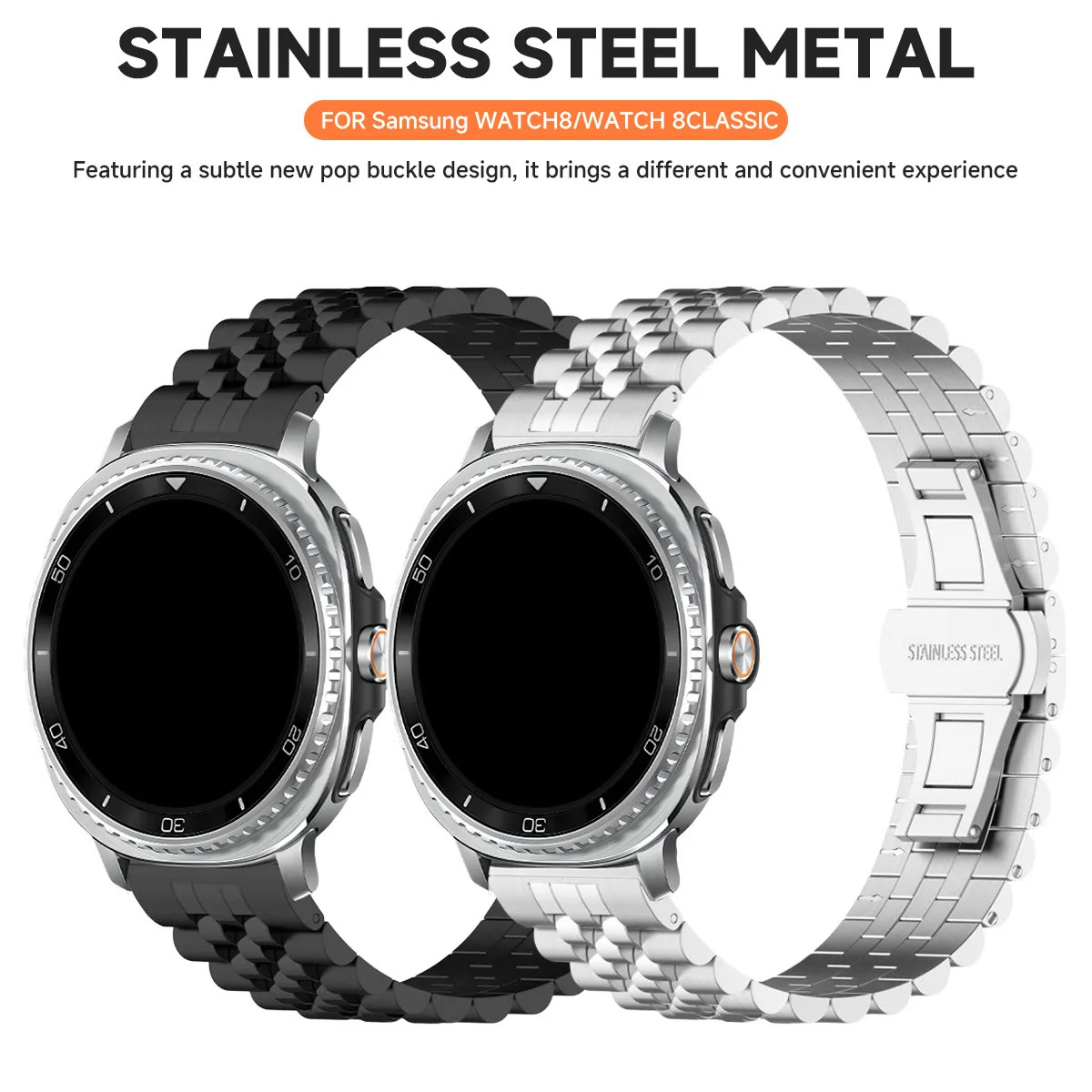 For Samsung Galaxy Watch8/8 Classic Butterfly Buckle Five-Ball Steel Strap Stainless Steel Metal Watches Strap