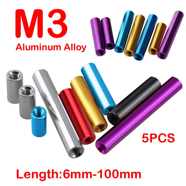 5Pcs M3 Aluminum Alloy Column Threaded Sleeve Rod Stud Round Connector Standoff Nut Drone Accessory Nuts L=6mm-100mm