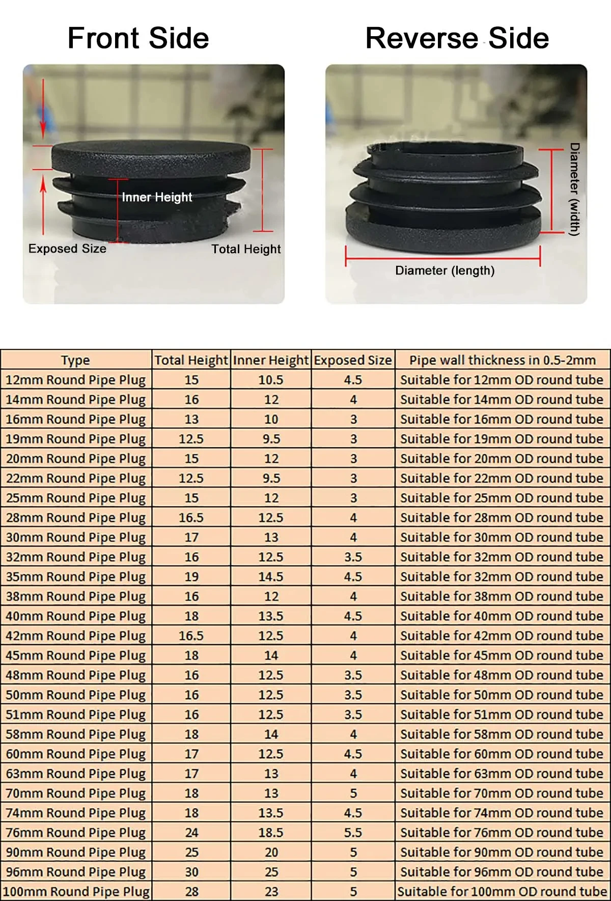 White Round Plastic End Caps Blanking End Inserts Bung Cap Steel Pipe Plug For Chair Legs Protector Diameter 16-50mm