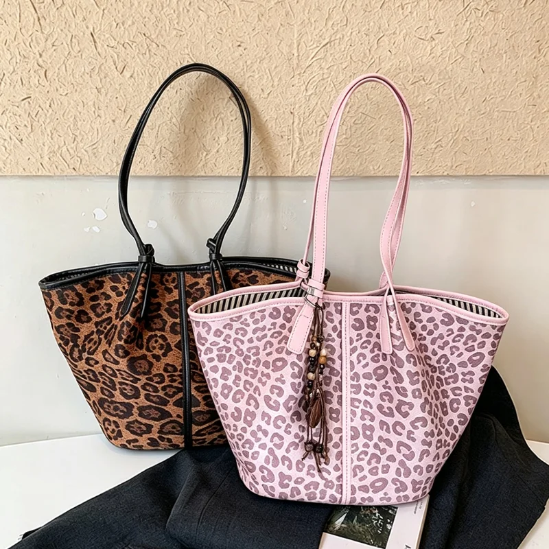 Pink Leopard Print Tote Bag Vintage Frosted Soft Shoulder Bag Magnetic Snap Design Korean Women's Commuting Underarm Bag