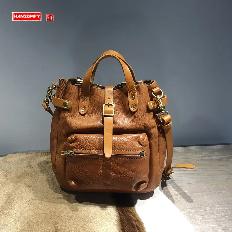 

Retro Thick Leather Women Bag Vegetable Tanned Cowhide Leather Handbags Single Shoulder Messenger Bag Vintage Female Tote Bags