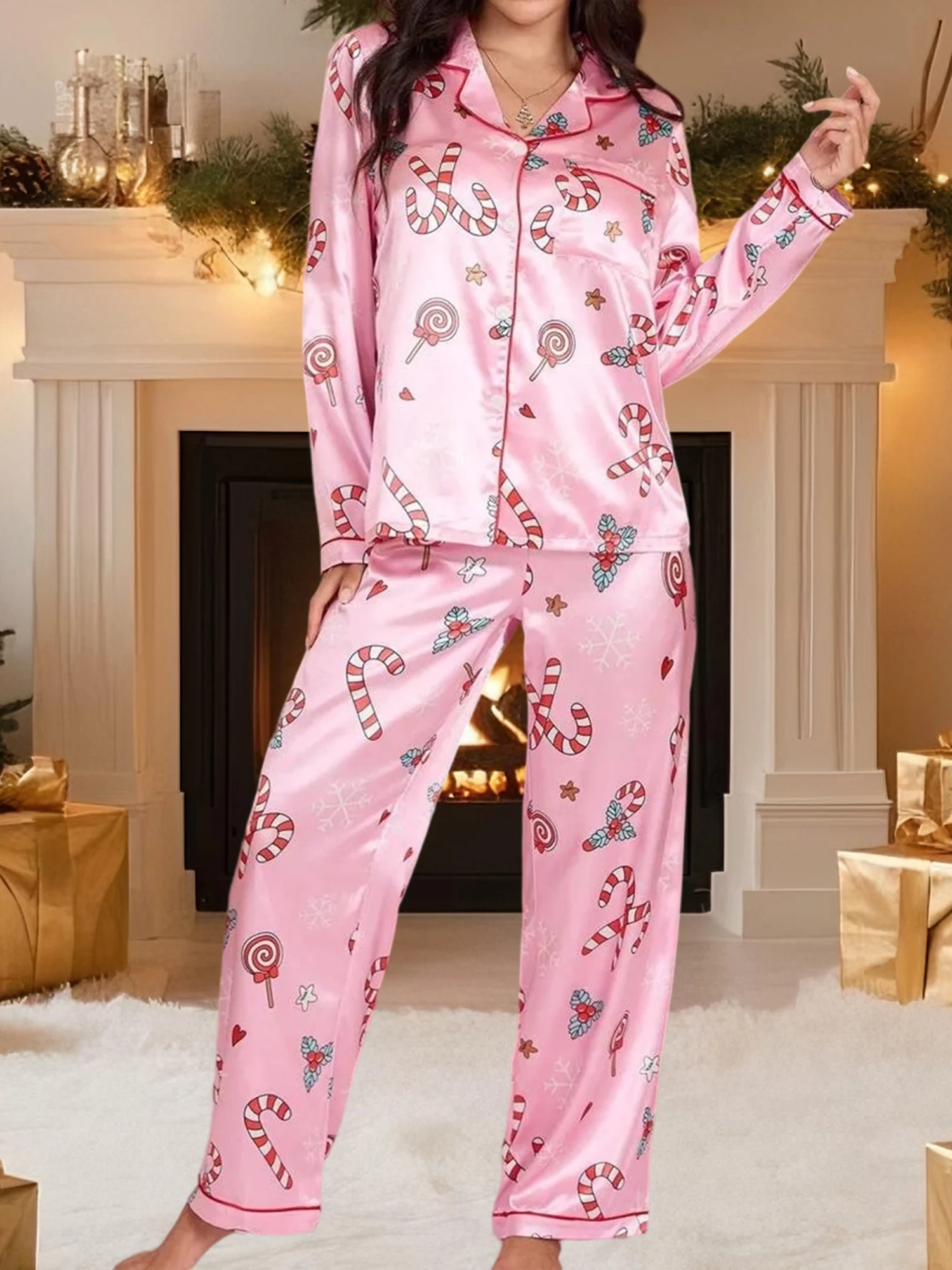 

Women s Holiday Pajama Set with Festive Print Button-Up Top Long Sleeve Lapel V-Neck and Cozy Lounge Pants - 2 Piece Set for