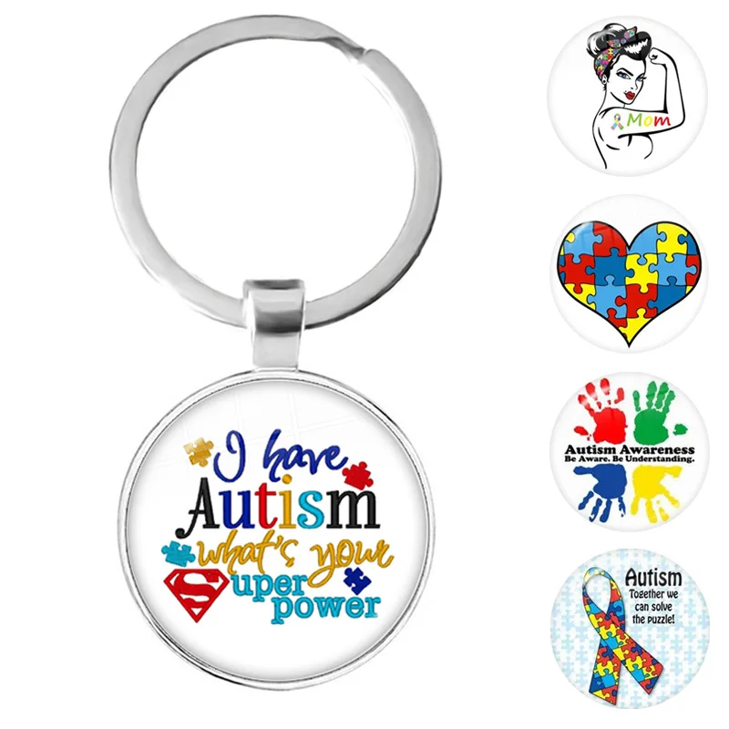 Autism Awareness Puzzle Ribbon Love Photo Round Glass Cabochon Keychain Bag Car Key Chain Ring Holder Charms Jewelry