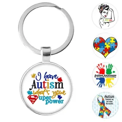 Autism Awareness Puzzle Ribbon Love Photo Round Glass Cabochon Keychain Bag Car Key Chain Ring Holder Charms Jewelry