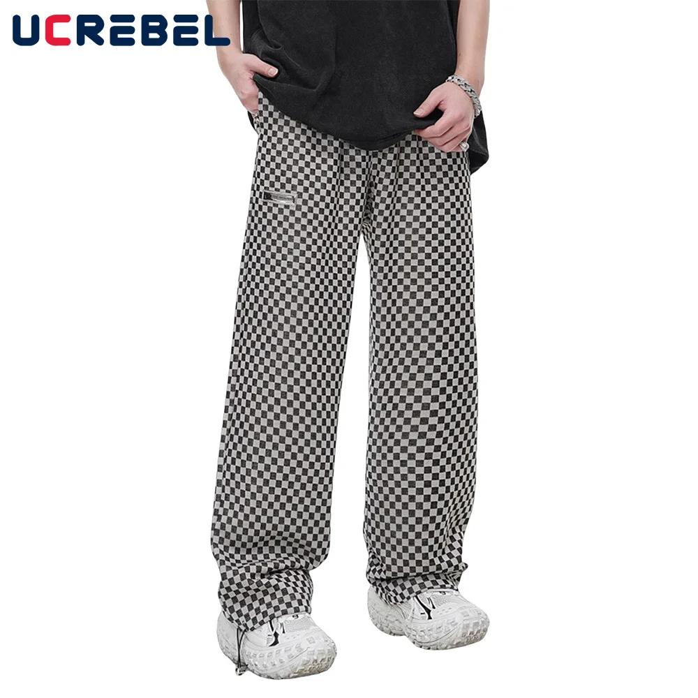 

Checkerboard Grid Jogger Pants Mens High Street Loose Straight Elastic Waist Wide Leg Trousers Men