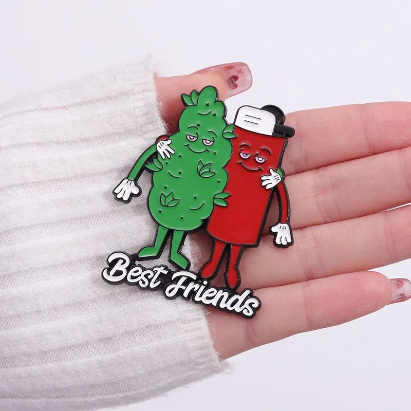 Best Friends Enamel Pins Custom Tobacco Leaf Lighter Brooches Lapel Badges Plant Jewelry Gift For Partner Friends