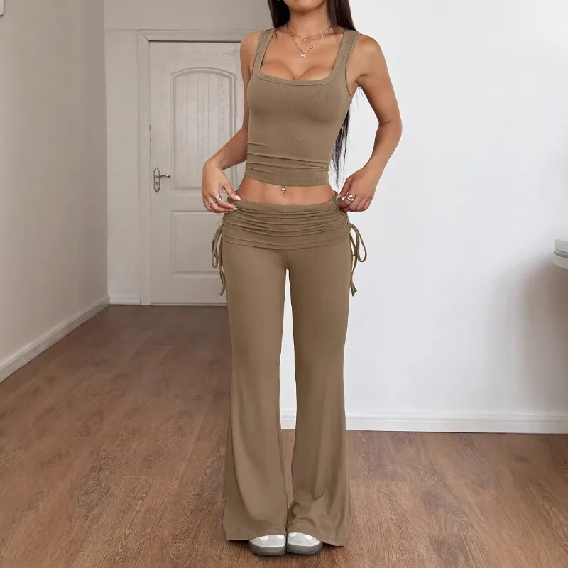 

Лето 2023, новый женский повседневный комплект брюк, однотонные модные и сексуальные брюки на шнуровке для женщин, комплект из двух предметов Y2K