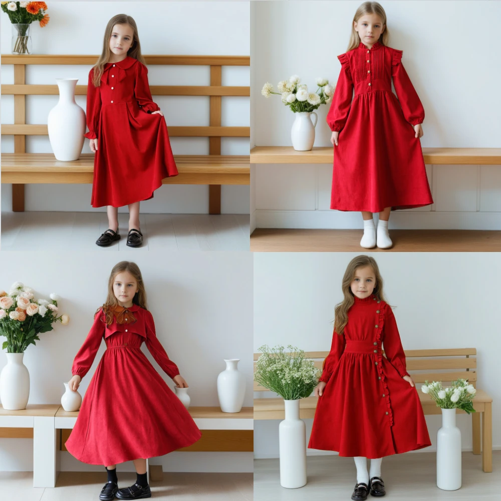 

Girls Corduroy Dress Fall Winter Christmas Red Princess Gown Kids Long Sleeves Elegant Holiday Party Wear Child New Year Costume