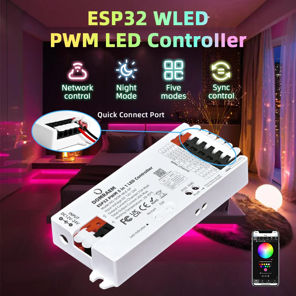 DOMRAEM ESP32 WLED PWM 5-in-1 Controller for Single Color CCT RGB RGBWCCT LED Strip Works with Alexa Google Home Assistant 20A
