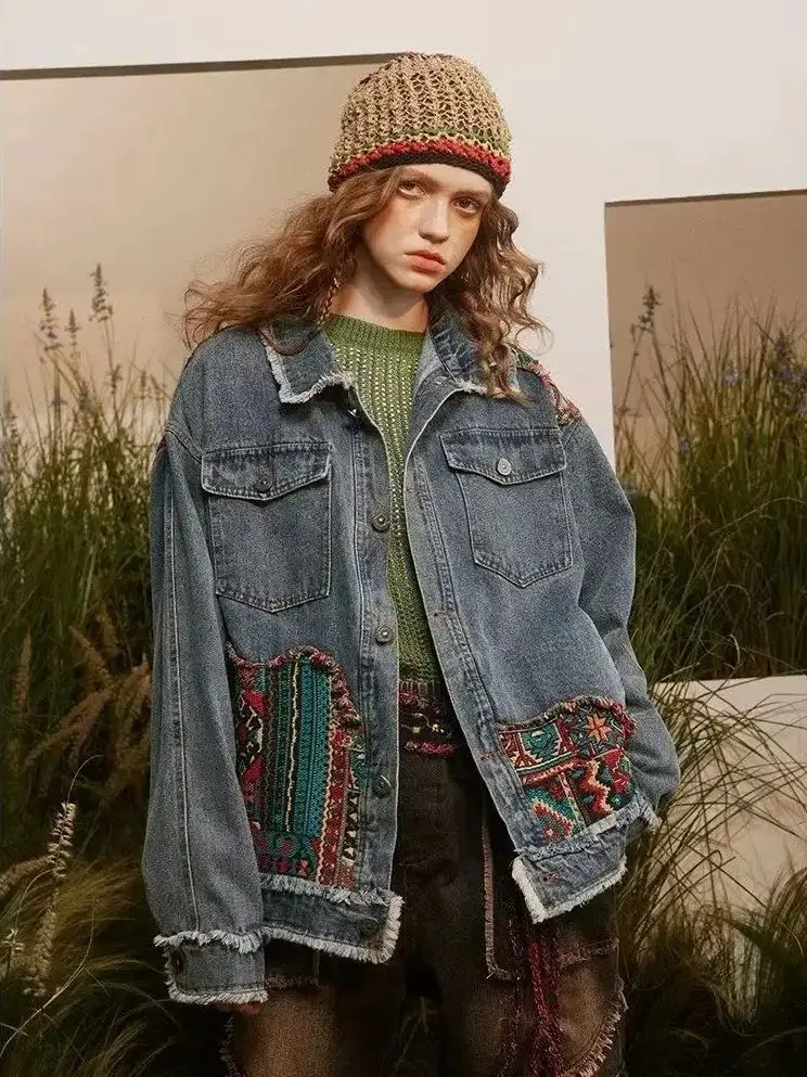 

American Retro Embroidery Denim Jacket Women Spring And Autumn Design Sense Niche Loose Casual Joker Stitching Tide Brand Jacket