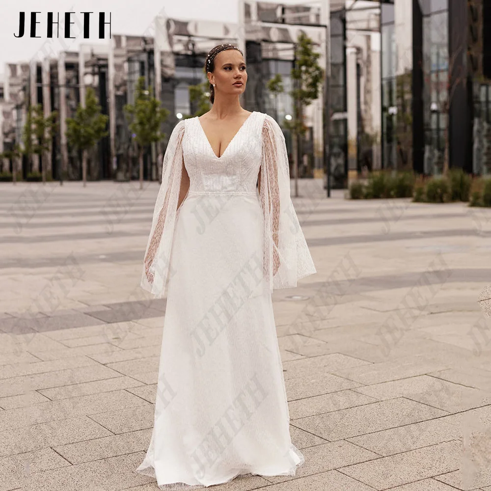 JEHETH Exquisite V-Neck Vestido de Noiva Para Mulher Mangas Longas Zipper Voltar Vestidos deJEHETH Exquisite V-Neck Vestido de Noiva Para Mulher Mangas Compridas Zipper Voltar Vestidos de Noiva Moderno Plus Size A-Line