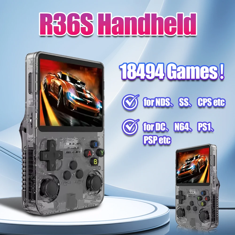 R36S Retro Handheld Video Game Console 64GB With 18494 Games 26 Emulators EmuELEC 3.5 Inch IPS Screen Long Battery&Flash Charge