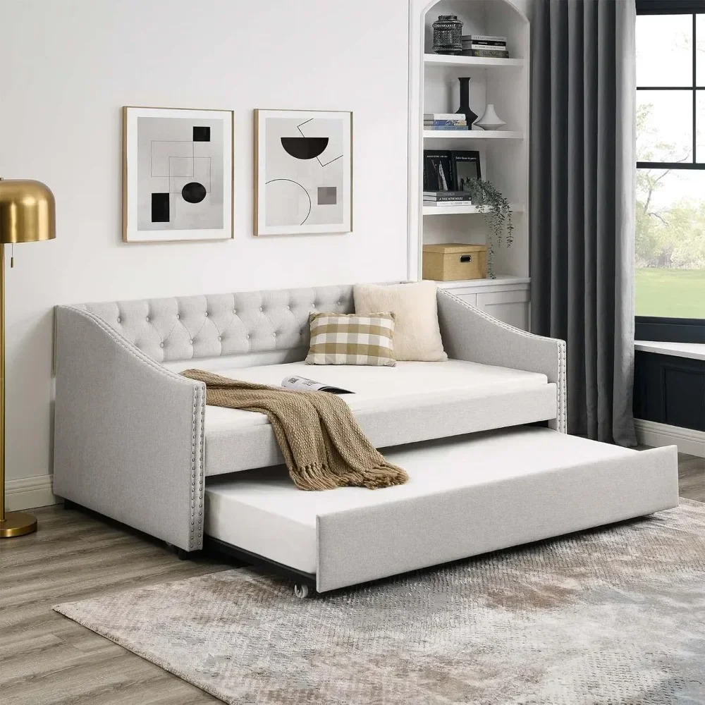 Daybed Modern Velvet Upholstered Twin Size Day Bed Button-Tufted Sofa Daybed Frame and Trundle,Furniture for Bedroom Living Room