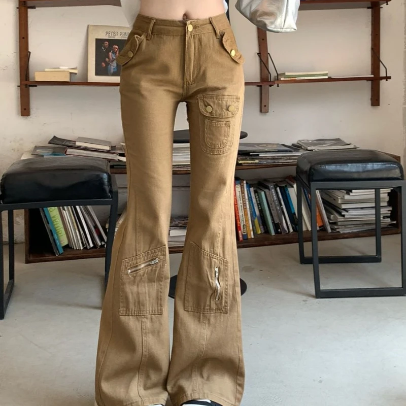 Retro Khaki Boot-cut Pants for Women High-waisted Versatile Commuter Workwear Jeans Slim Trousers Ins Style