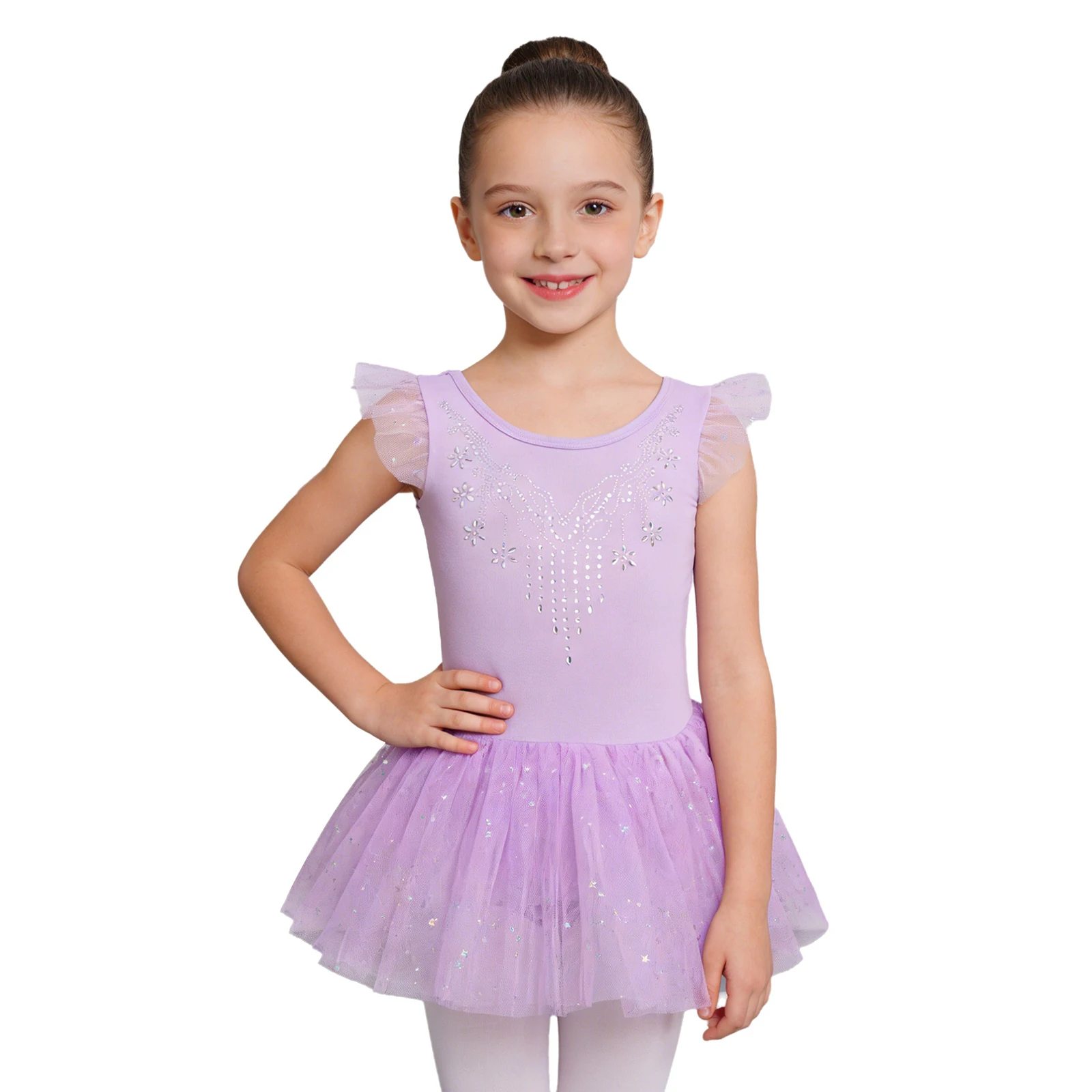 

Kids Girls Ballet Gymnastics Dance Dress Shiny Rhinestones Bodice Sequins Tulle Dress Lyrical Ballerina Figure Skating Dancewear