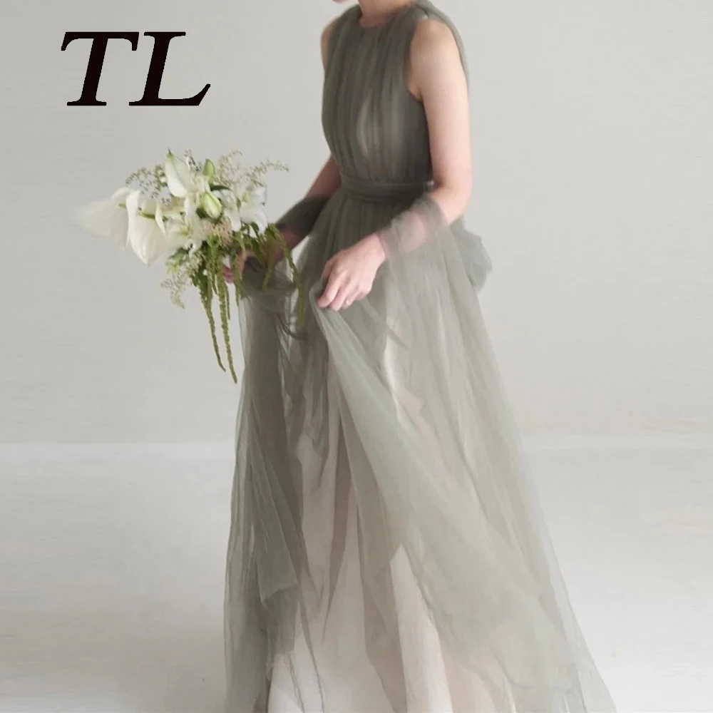 TL Simple Fairy Tulle A Line Korea Dresses Wedding Photo shoot Customised Jewel Neck Floor Length Prom Gowns Bride Dress Elegant