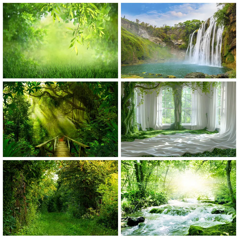 Spring Natural Scenery Photography Backdrops Waterfall Mountain Water River Lake Forest Landscape Background Decor Photo Studio