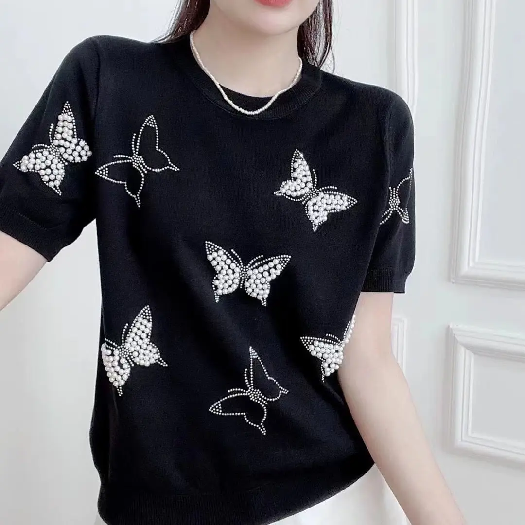 Summer Beaded Hot Diamonds Chic Butterfly Design Stylish Versatile Ice Silk Knit Loose Short-sleeved Top Knitted Sweater Shirts