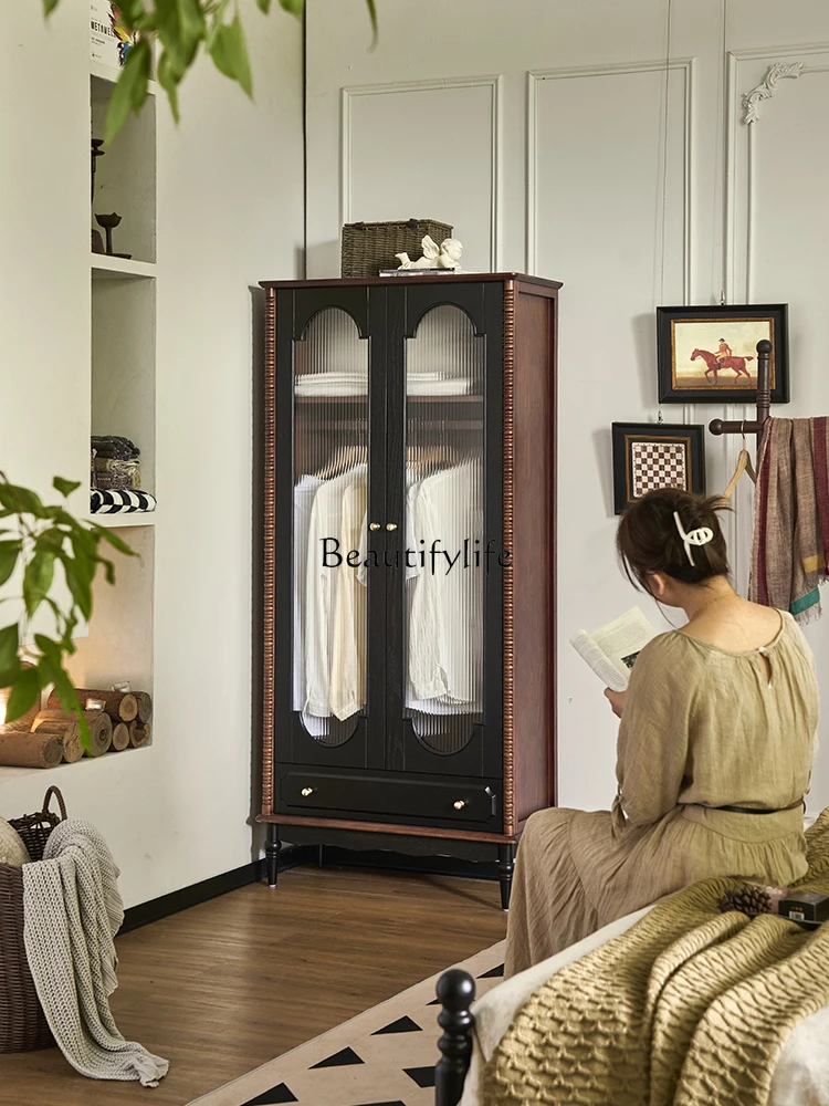 

French retro style solid wood wardrobe household bedroom small apartment wall storage cabinet locker