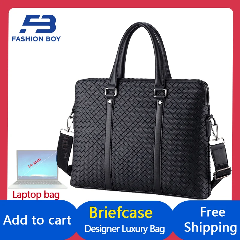 FASHION BOY Men Leather Briefcase Casual Fashion Laptop Bags 14-inch Double Zipper Handle Document Bag