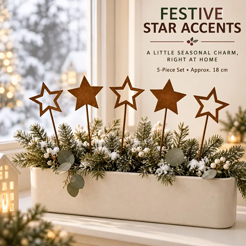 CIFBUY 5-Pack 2D Metal Star Yard Stakes, Vintage Hollow & Solid Star, Country Cottage Garden Art Decor