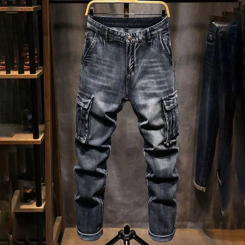 Black Multi-Pocket Workwear Jeans Men's American Retro Straight Loose Large Size Trendy Brand Work Trousers Casual Wear
