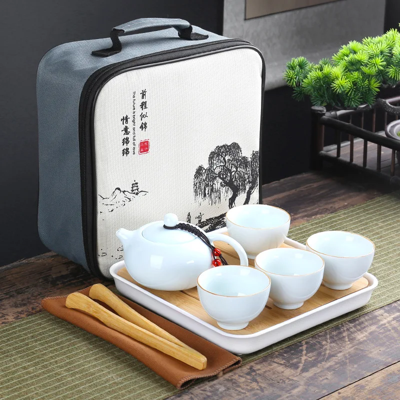 With Bag Simple 4 Cups Chinese Kung Fu Tea Set Travel Ceramic Portable Teapot Porcelain Teaset Gaiwan