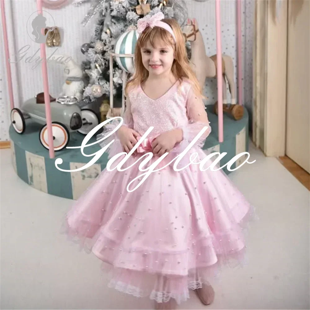 V Neck Beading Long Sleeve Pleat Luxury Flower Girl Dress Tea Length Elegant Formal Long Ball First Communion Gown Customized