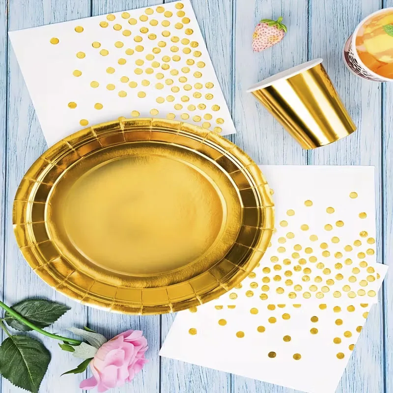 60-teiliges goldenes Einweg-Geschirrset, elegante Pappteller, Becher, Folien-Servietten für Hochzeiten, Geburtstagsfeiern, Dekorationen und Zubehör. – Detail 5