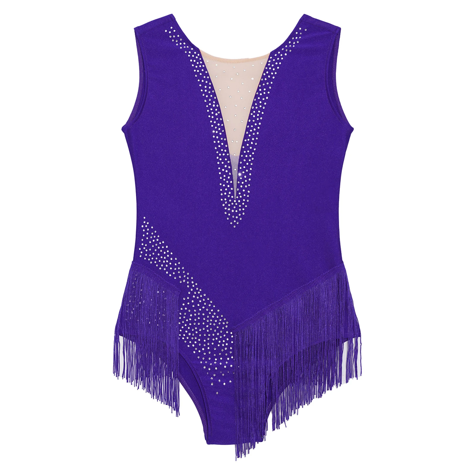 Kids Girls Rhinestones Tassel Leotard for Figure Skating Dance Rhythmic Gymnastics Sleeveless Fringed Bodysuit Dress Costume