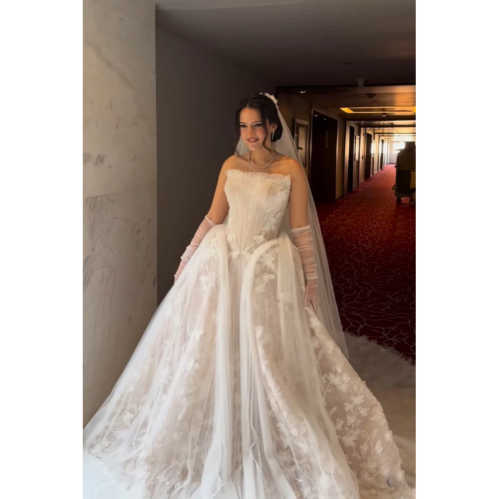 

Stunning Lace Wedding Dress Ivory Lace with Nude Lining Court Train Strapless Lace-up Back Bridal Gowns