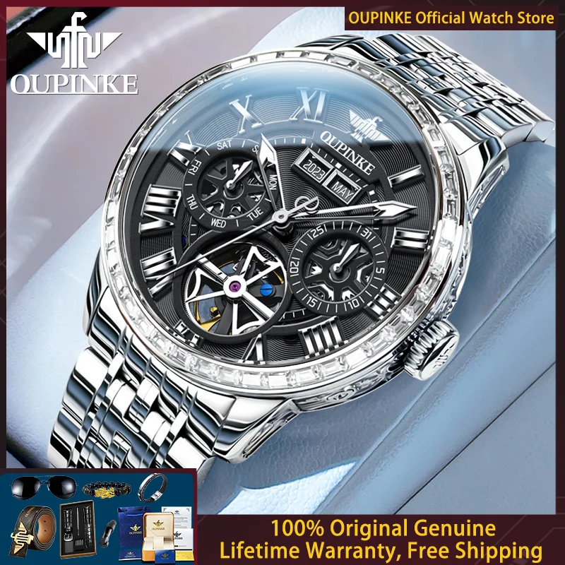 

OUPINKE 3252 Hollow Flywheel Men Automatic Mechanical Watch Luxury Date Week Roman Scale Sapphire Mirror Waterproof Men Watch